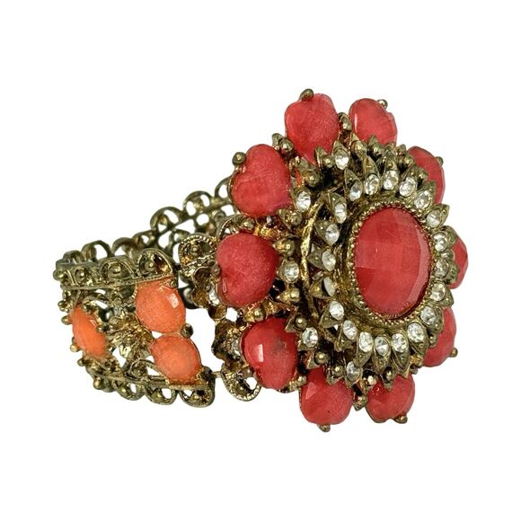 Pink And Orange Rhinestone Heart Flower Clamp Statement Bracelet 6.7" VTG - Picture 6 of 12